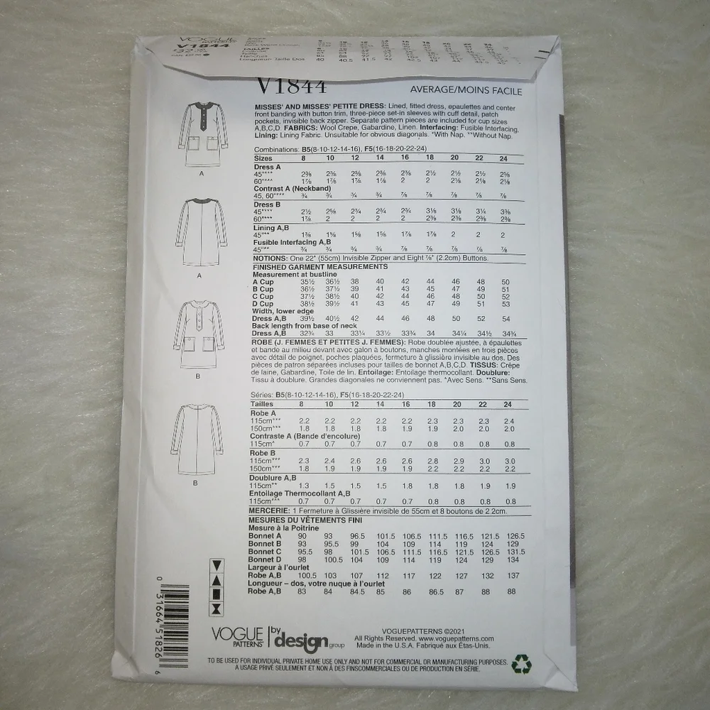 VOGUE V1844 Sz 16-24 Misses Lined Fitted Dress With Center Front Banding